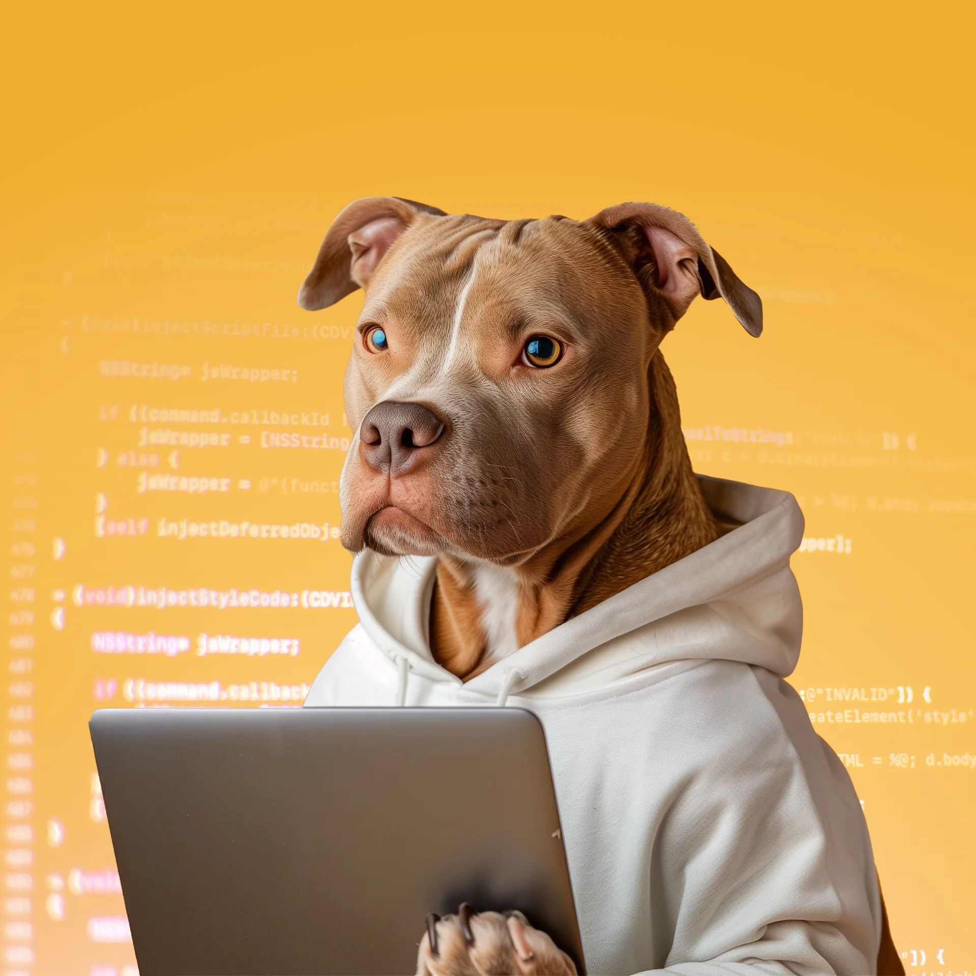 A pitbull typing code on a laptop, symbolizing The Growth Bully's web development services.